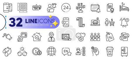Illustration for Outline set of Furniture, 24 hours and Scarf line icons for web with Vacancy, Equity, Smile thin icon. Certificate, Takeaway coffee, English pictogram icon. Opinion, Notification, Refrigerator. Vector - Royalty Free Image