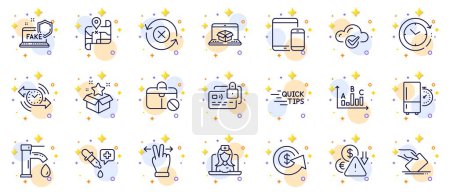 Illustration for Outline set of Reject refresh, Card and Online delivery line icons for web app. Include Voting ballot, Cloud computing, Timer pictogram icons. Fake internet, Deflation, Chemistry pipette signs. Vector - Royalty Free Image