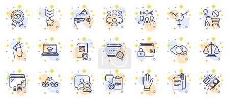 Illustration for Outline set of Winner medal, Meeting and Website education line icons for web app. Include Lock, Clipboard, Qr code pictogram icons. Document attachment, Payment, Calendar signs. Vector - Royalty Free Image