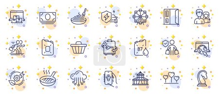 Illustration for Outline set of Circus, Car charging and Shop cart line icons for web app. Include Ferris wheel, Competition, Marketing strategy pictogram icons. Teamwork, Diesel canister, Open door signs. Vector - Royalty Free Image