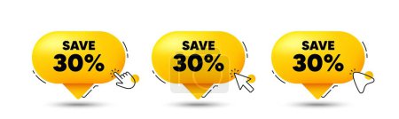 Illustration for Save 30 percent off tag. Click here buttons. Sale Discount offer price sign. Special offer symbol. Discount speech bubble chat message. Talk box infographics. Vector - Royalty Free Image