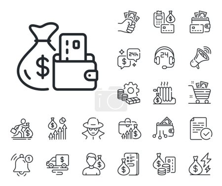 Illustration for Credit card sign. Cash money, loan and mortgage outline icons. Change money line icon. Cash payment symbol. Change money line sign. Credit card, crypto wallet icon. Inflation, job salary. Vector - Royalty Free Image