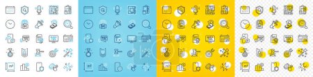 Illustration for Vector icons set of Quick tips, Magic wand and Power line icons pack for web with Calendar graph, Accounting, Calendar outline icon. Phone protect, Square area, Shoulder strap pictogram. Vector - Royalty Free Image
