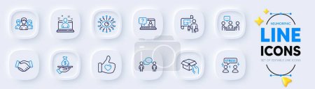 Illustration for Faq, Consulting business and Difficult stress line icons for web app. Pack of Artificial intelligence, Teamwork, Best manager pictogram icons. Hold box, Like hand, Plan signs. Vector - Royalty Free Image