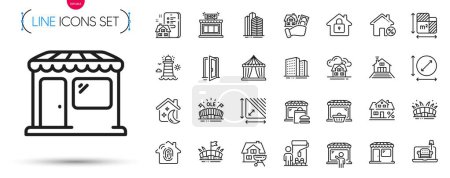 Illustration for Pack of Terrace, Skyscraper buildings and Online market line icons. Include Fingerprint access, Buildings, Market pictogram icons. Arena stadium, Painter, Sleep signs. Lighthouse. Vector - Royalty Free Image