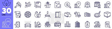 Illustration for Brush, Inventory and Entrance line icons pack. Palette, Green energy, Box size web icon. Energy, University campus, Lighthouse pictogram. Skyscraper buildings, Gas station, Filling station. Vector - Royalty Free Image