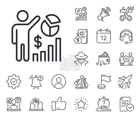 Illustration for Search engine optimization sign. Salaryman, gender equality and alert bell outline icons. Seo statistics line icon. Analytics chart symbol. Seo statistics line sign. Vector - Royalty Free Image