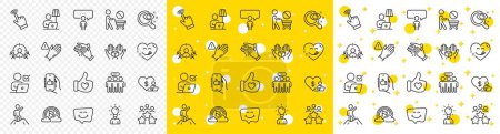 Illustration for Outline Smile chat, Education and Online voting line icons pack for web with Vision test, Clapping hands, Like hand line icon. Lgbt, Hold box, Leadership pictogram icon. Volunteer. Vector - Royalty Free Image