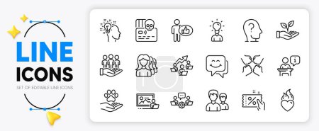 Illustration for Heart flame, Teamwork chart and Photo studio line icons set for app include Women headhunting, Education, Discount coupon outline thin icon. Helping hand, Couple, Idea pictogram icon. Vector - Royalty Free Image