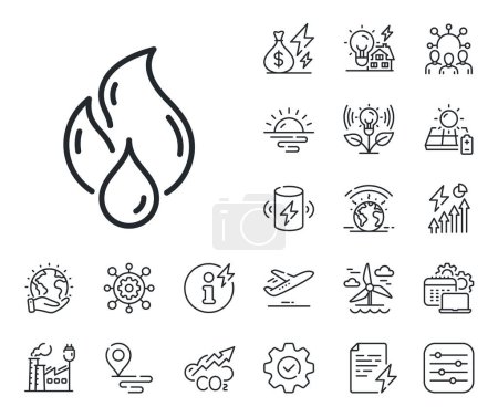 Illustration for Fire energy sign. Energy, Co2 exhaust and solar panel outline icons. Flammable fuel line icon. Heating power energy symbol. Flammable fuel line sign. Eco electric or wind power icon. Vector - Royalty Free Image