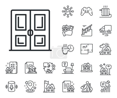 Illustration for Building entrance sign. Floor plan, stairs and lounge room outline icons. Door line icon. Exit doorway symbol. Door line sign. House mortgage, sell building icon. Real estate. Vector - Royalty Free Image