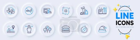 Illustration for Burger, No smoking and Santa hat line icons for web app. Pack of Reject, Online payment, Recipe book pictogram icons. Airport transfer, Roller coaster, Teamwork process signs. Like. Vector - Royalty Free Image