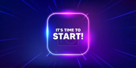 Illustration for It is time to start tag. Neon light frame box banner. Special offer sign. Advertising discounts symbol. Time to start neon light frame message. Vector - Royalty Free Image