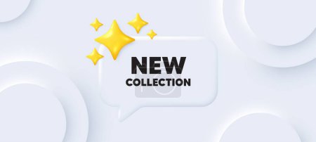 Illustration for New collection tag. Neumorphic background with chat speech bubble. New fashion arrival sign. Advertising offer symbol. New collection speech message. Banner with 3d stars. Vector - Royalty Free Image