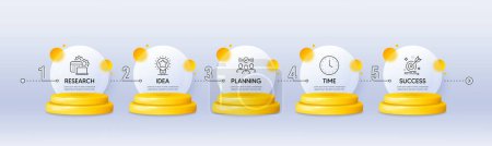 Illustration for Timeline infograph chart with 5 steps. 3d podium product stage. Process diagram with Research, Planning, Time and Success icons. Timeline infographic template. Products podium background. Vector - Royalty Free Image
