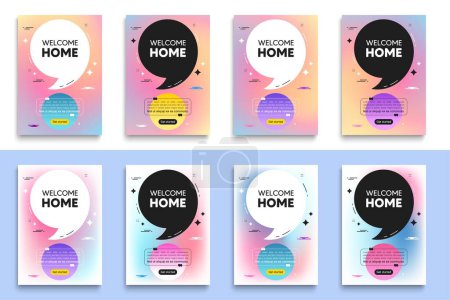 Illustration for Welcome home tag. Poster frame with quote. Home invitation offer. Hello guests message. Welcome home flyer message with comma. Gradient blur background posters. Vector - Royalty Free Image