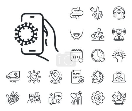 Illustration for Coronavirus application sign. Online doctor, patient and medicine outline icons. Covid phone app line icon. Dirty smartphone symbol. Covid app line sign. Vector - Royalty Free Image