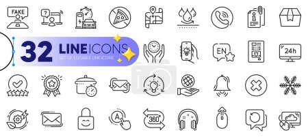 Illustration for Outline set of 360 degree, Close button and Idea line icons for web with Snowflake, Package box, Online question thin icon. Lock, Electric app, Prohibit food pictogram icon. Refresh mail. Vector - Royalty Free Image