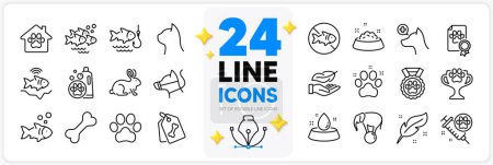 Illustration for Icons set of Feather, Elephant on ball and Fish line icons pack for app with Dog paw, Pets care, Water bowl thin outline icon. Dog certificate, Pet friendly, Stop fishing pictogram. Vector - Royalty Free Image