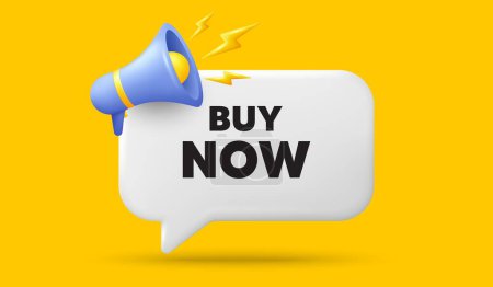 Illustration for Buy Now tag. 3d speech bubble banner with megaphone. Special offer price sign. Advertising Discounts symbol. Buy now chat speech message. 3d offer talk box. Vector - Royalty Free Image