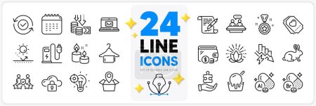 Illustration for Icons set of Charging station, Calendar and Saving electricity line icons pack for app with Aluminium mineral, E-mail, Aroma candle thin outline icon. Security confirmed, Bromine mineral. Vector - Royalty Free Image
