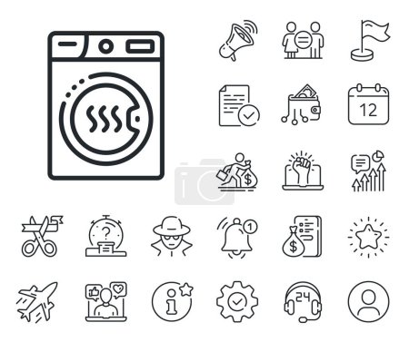 Illustration for Laundry service sign. Salaryman, gender equality and alert bell outline icons. Dryer machine line icon. Dry clothing symbol. Dryer machine line sign. Spy or profile placeholder icon. Vector - Royalty Free Image