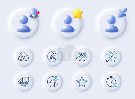 Illustration for Yoga, 360 degree and Magic wand line icons. Placeholder with 3d cursor, bell, star. Pack of Timer, 5g upload, Star icon. Medical drugs, Ambulance transport pictogram. For web app, printing. Vector - Royalty Free Image
