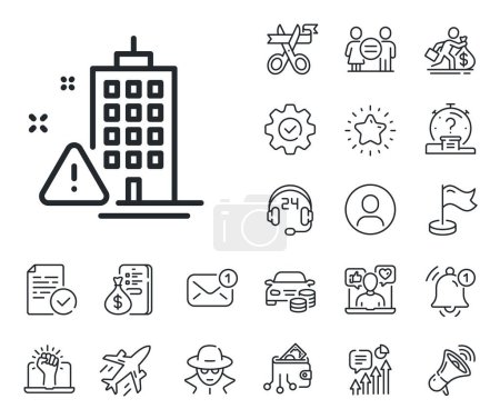 Illustration for Attention triangle sign. Salaryman, gender equality and alert bell outline icons. Building construction warning line icon. Caution house symbol. Building warning line sign. Vector - Royalty Free Image