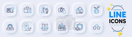 Illustration for Justice scales, Jobless and Ranking stars line icons for web app. Pack of Energy price, Recovery photo, Journey pictogram icons. Save planet, Business podium, Inclusion signs. Vector - Royalty Free Image