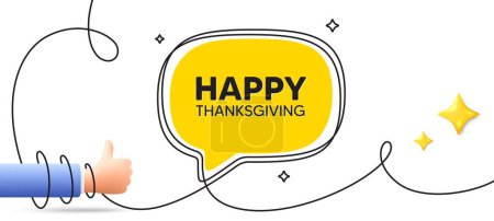 Illustration for Happy thanksgiving tag. Continuous line art banner. Happy family holiday message. Autumn thank you day. Happy thanksgiving speech bubble background. Wrapped 3d like icon. Vector - Royalty Free Image