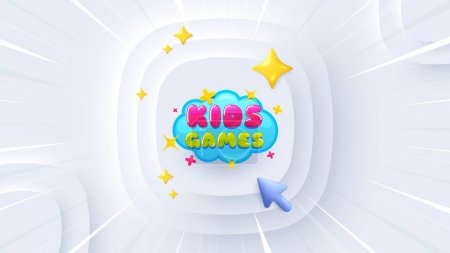 Illustration for Kids games sticker. Neumorphic offer 3d banner, poster. Fun playing zone banner. Children games party area icon. Kids games promo event background. Sunburst banner, flyer or coupon. Vector - Royalty Free Image