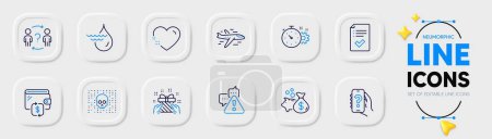 Illustration for Hydroelectricity, Approved checklist and Loan line icons for web app. Pack of Heart, Warning, Cyber attack pictogram icons. Cogwheel timer, Help app, Airplane signs. Wallet. Neumorphic buttons. Vector - Royalty Free Image