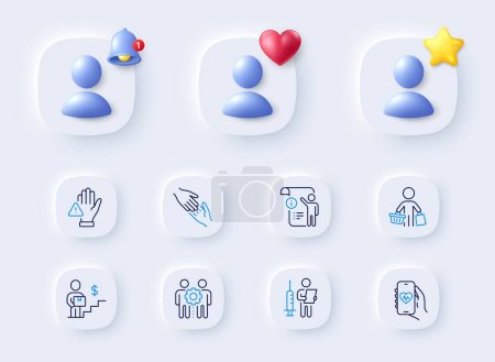 Illustration for Vaccination announcement, Helping hand and Health app line icons. Placeholder with 3d bell, star, heart. Pack of Manual doc, Buyer, Employees teamwork icon. Dont touch, Delivery man pictogram. Vector - Royalty Free Image