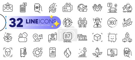 Illustration for Outline set of Support consultant, Lock and Air conditioning line icons for web with Award app, Seo gear, Energy price thin icon. Hypoallergenic tested, Eco power. Design with yellow 3d stars. Vector - Royalty Free Image