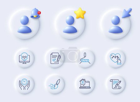 Illustration for Safe time, Approved agreement and Cyber attack line icons. Placeholder with 3d cursor, bell, star. Pack of Work home, Brush, Agreement document icon. Genders, Paint roller pictogram. Vector - Royalty Free Image