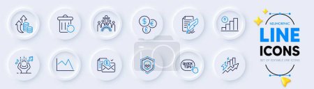 Illustration for Feather signature, Inflation and Noise line icons for web app. Pack of Money currency, Accounting report, Consumption growth pictogram icons. Cyber attack, Line chart, Graph chart signs. Vector - Royalty Free Image