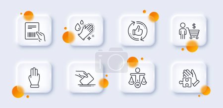 Illustration for Washing hands, Ethics and Buyer line icons pack. 3d glass buttons with blurred circles. Three fingers, Parcel invoice, Voting ballot web icon. Puzzle, Refresh like pictogram. Vector - Royalty Free Image