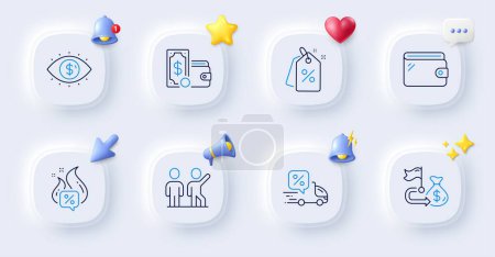 Illustration for Teamwork, Delivery discount and Discount tags line icons. Buttons with 3d bell, chat speech, cursor. Pack of Wallet money, Financial goal, Hot offer icon. Wallet, Business vision pictogram. Vector - Royalty Free Image