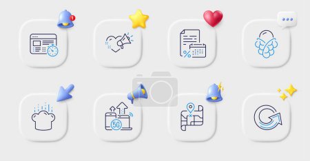 Illustration for Ice cream, Cooking hat and Web timer line icons. Buttons with 3d bell, chat speech, cursor. Pack of 5g internet, Love message, Map icon. Calendar tax, Reload pictogram. For web app, printing. Vector - Royalty Free Image
