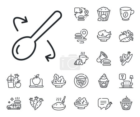 Illustration for Cutlery sign. Crepe, sweet popcorn and salad outline icons. Cooking spoon line icon. Food mix symbol. Cooking spoon line sign. Pasta spaghetti, fresh juice icon. Supply chain. Vector - Royalty Free Image
