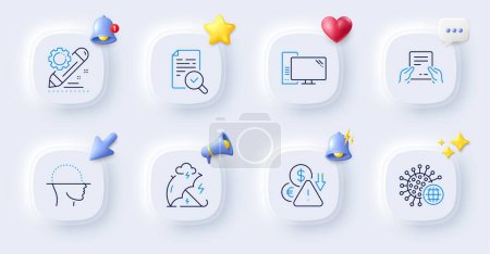 Illustration for Coronavirus, Receive file and Face scanning line icons. Buttons with 3d bell, chat speech, cursor. Pack of Computer, Project edit, Stress protection icon. Deflation, Inspect pictogram. Vector - Royalty Free Image