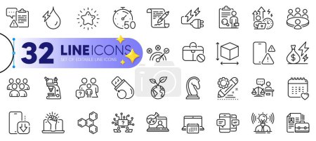 Illustration for Outline set of Inspect, Timer and Calendar line icons for web with Jobless, Meeting, Hydroelectricity thin icon. Healthcare calendar, Difficult stress, Project edit pictogram icon. Vector - Royalty Free Image