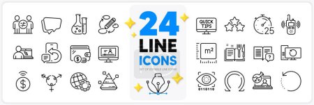 Illustration for Icons set of Timer, Phone message and Ranking stars line icons pack for app with Transmitter, Keywords, Wallet thin outline icon. Globe, Instruction manual, Omega pictogram. Vector - Royalty Free Image