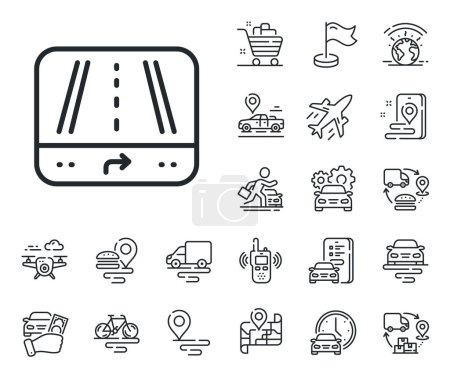 Illustration for Road path sign. Plane, supply chain and place location outline icons. GPS navigation line icon. Route map device symbol. Gps line sign. Taxi transport, rent a bike icon. Travel map. Vector - Royalty Free Image