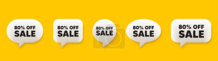 Illustration for Sale 80 percent off discount. 3d chat speech bubbles set. Promotion price offer sign. Retail badge symbol. Sale talk speech message. Talk box infographics. Vector - Royalty Free Image