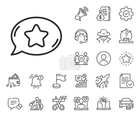 Illustration for Speech bubble with star sign. Salaryman, gender equality and alert bell outline icons. Favorite chat line icon. Best symbol. Favorite chat line sign. Spy or profile placeholder icon. Vector - Royalty Free Image