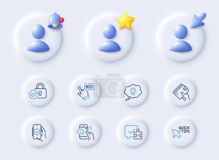 Illustration for Security app, Quick tips and Wallet line icons. Placeholder with 3d cursor, bell, star. Pack of Energy, Call center, Verified locker icon. Bid offer, Puzzle pictogram. For web app, printing. Vector - Royalty Free Image