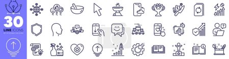 Illustration for Online question, Manual and Electricity consumption line icons pack. Like, Heart rating, Update document web icon. Shield, Winner cup, Grill pictogram. Swipe up, Education, Cleanser spray. Vector - Royalty Free Image
