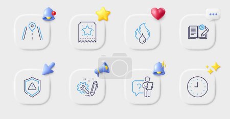 Illustration for Flammable fuel, Road and Engineering documentation line icons. Buttons with 3d bell, chat speech, cursor. Pack of Search employee, Clock, Shield icon. Loyalty ticket, Engineering pictogram. Vector - Royalty Free Image