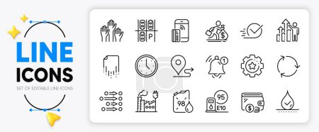 Illustration for Contactless payment, Recycling and Parking place line icons set for app include Petrol station, Wallet, Reminder outline thin icon. Employee results, Voting hands, Order pictogram icon. Vector - Royalty Free Image